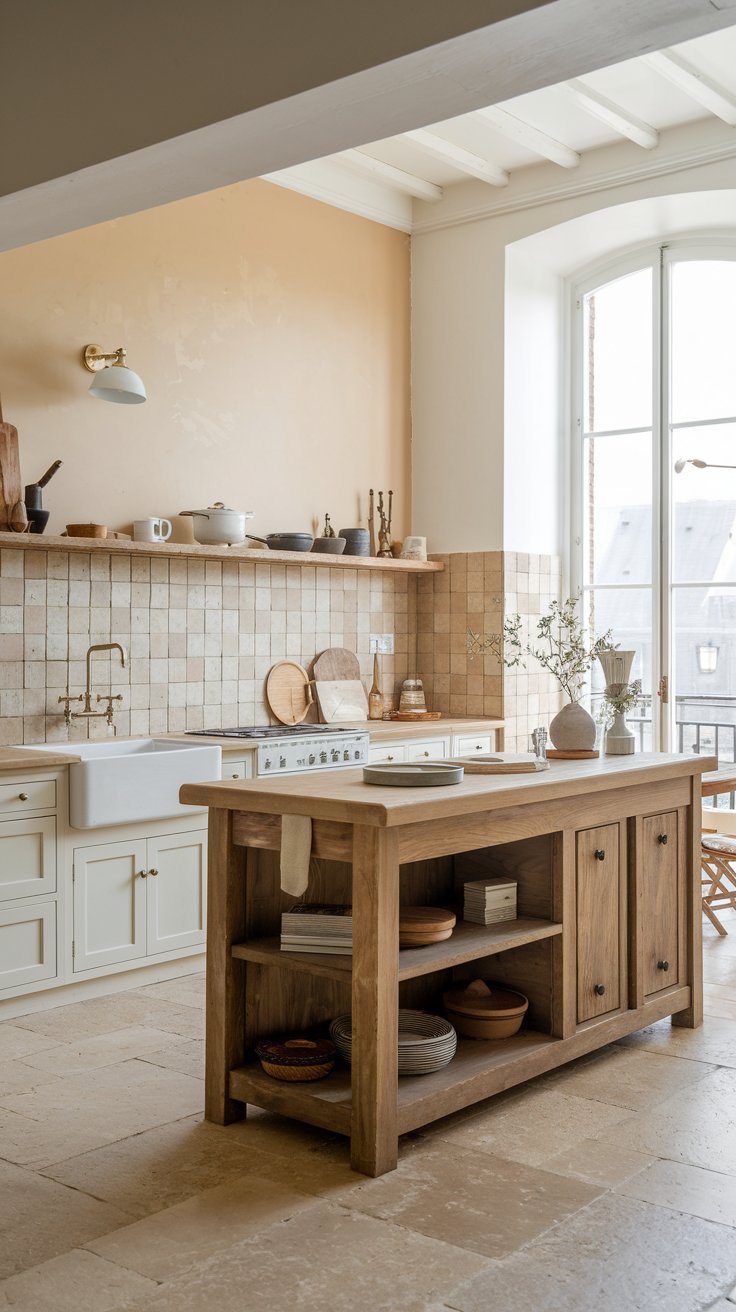 Cuisine méditerranéenne avec murs couleur sable et îlot en bois