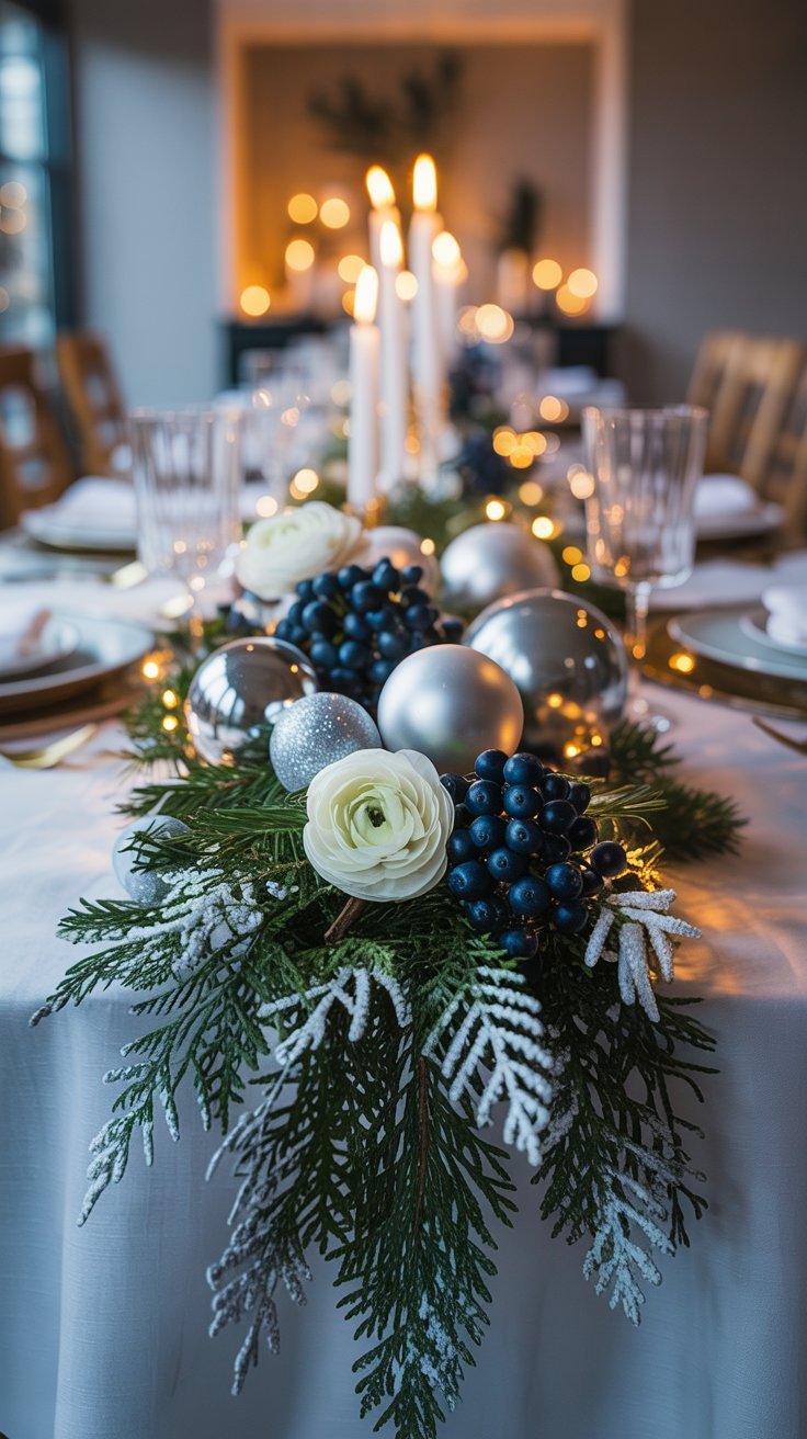 Décoration de table de noel avec boules argentées et baies bleues
