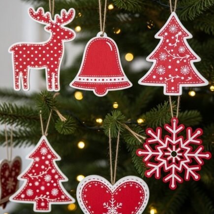 Decorations de sapin en bois rouge et blanc de style scandinave