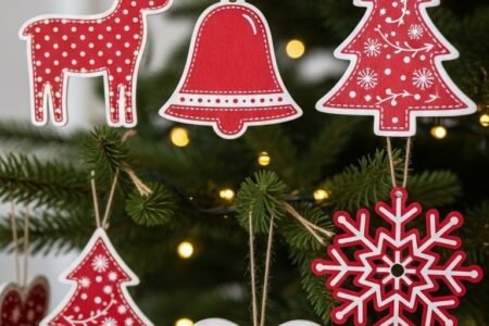 Decorations de sapin en bois rouge et blanc de style scandinave