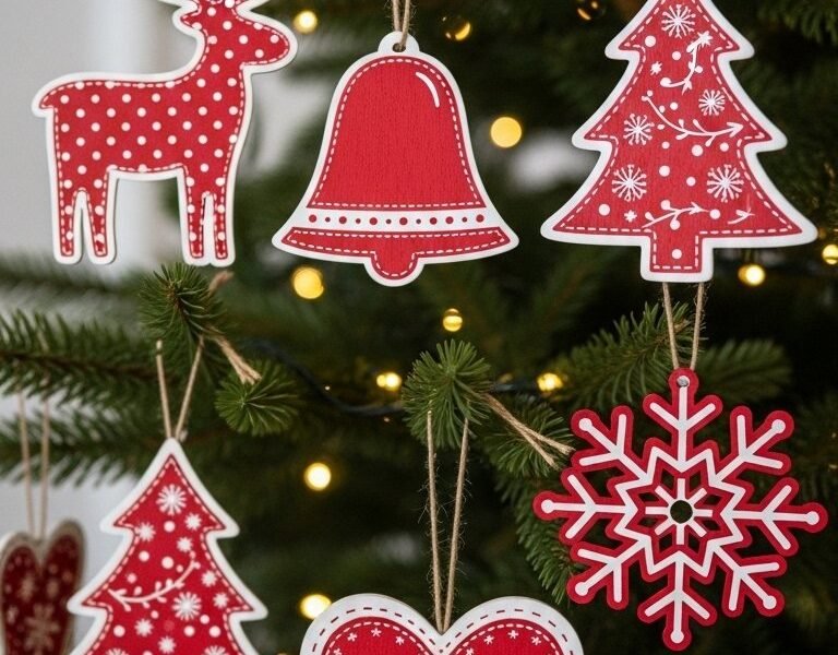 Decorations de sapin en bois rouge et blanc de style scandinave