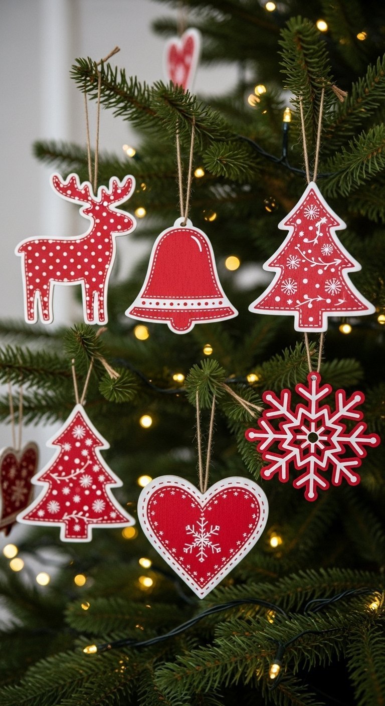 Decorations de sapin en bois rouge et blanc de style scandinave