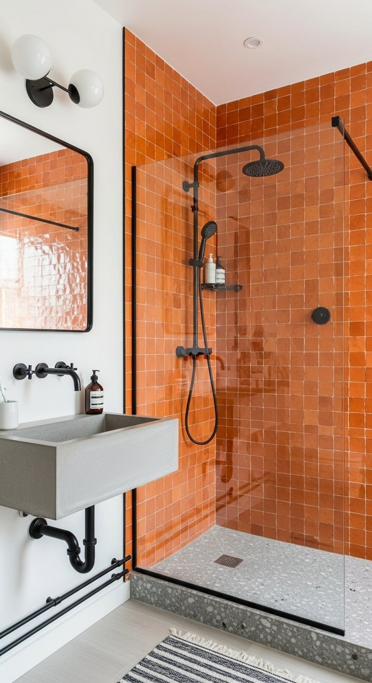 Douche italienne avec carrelage zellige orange et vasque en béton