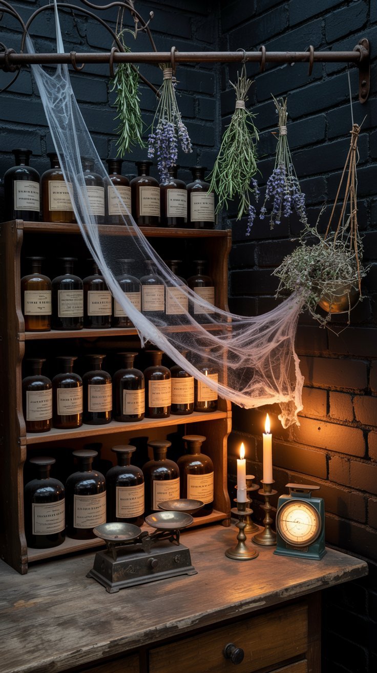 Etagere en bois style apothicaire avec des bouteilles et des herbes sechees
