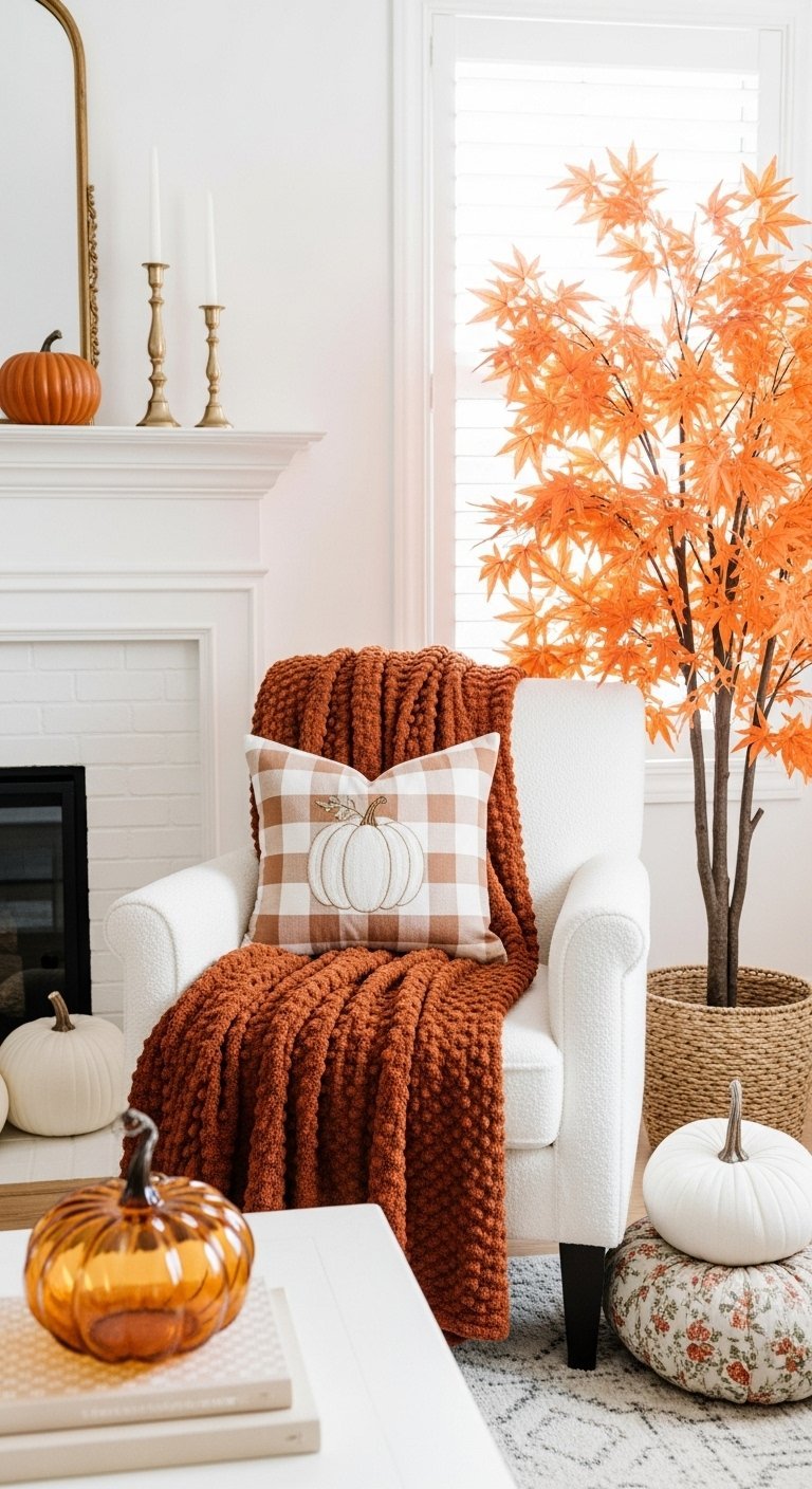 Fauteuil blanc avec un plaid epais orange dans un coin lecture automnal