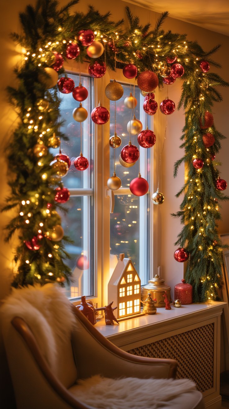 Fenetre encadree par une epaisse guirlande de noel avec des boules rouges