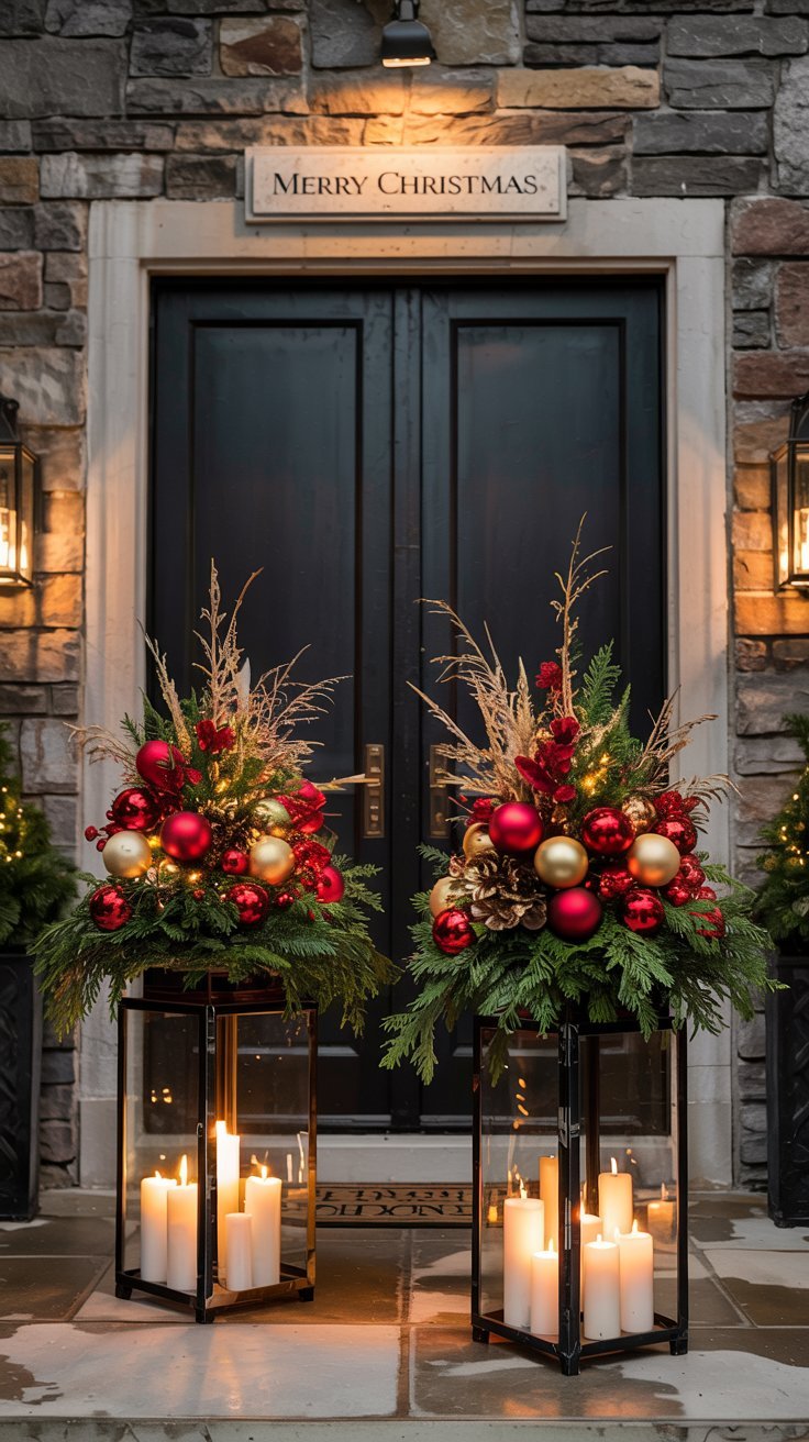 Grandes lanternes noires avec compositions florales de Noel a l entree
