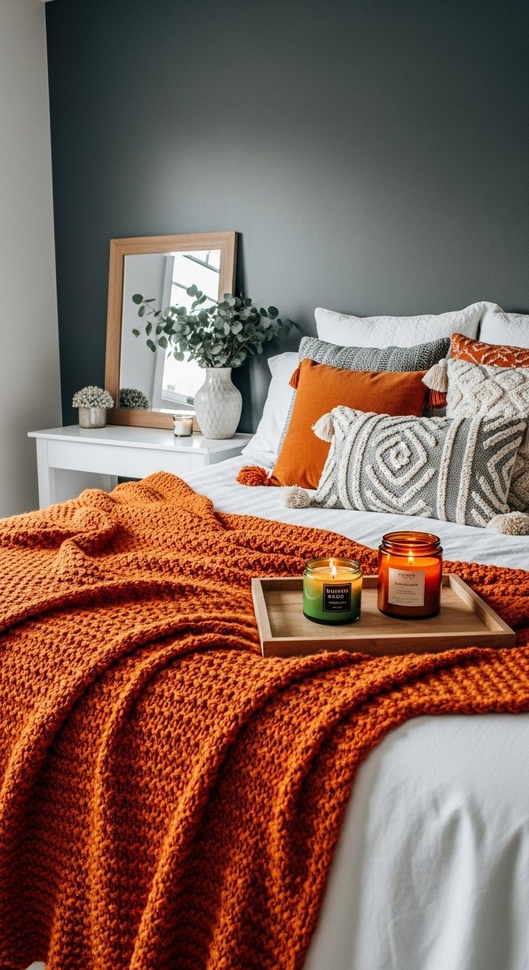 Lit avec un plaid orange vif devant un mur gris fonce