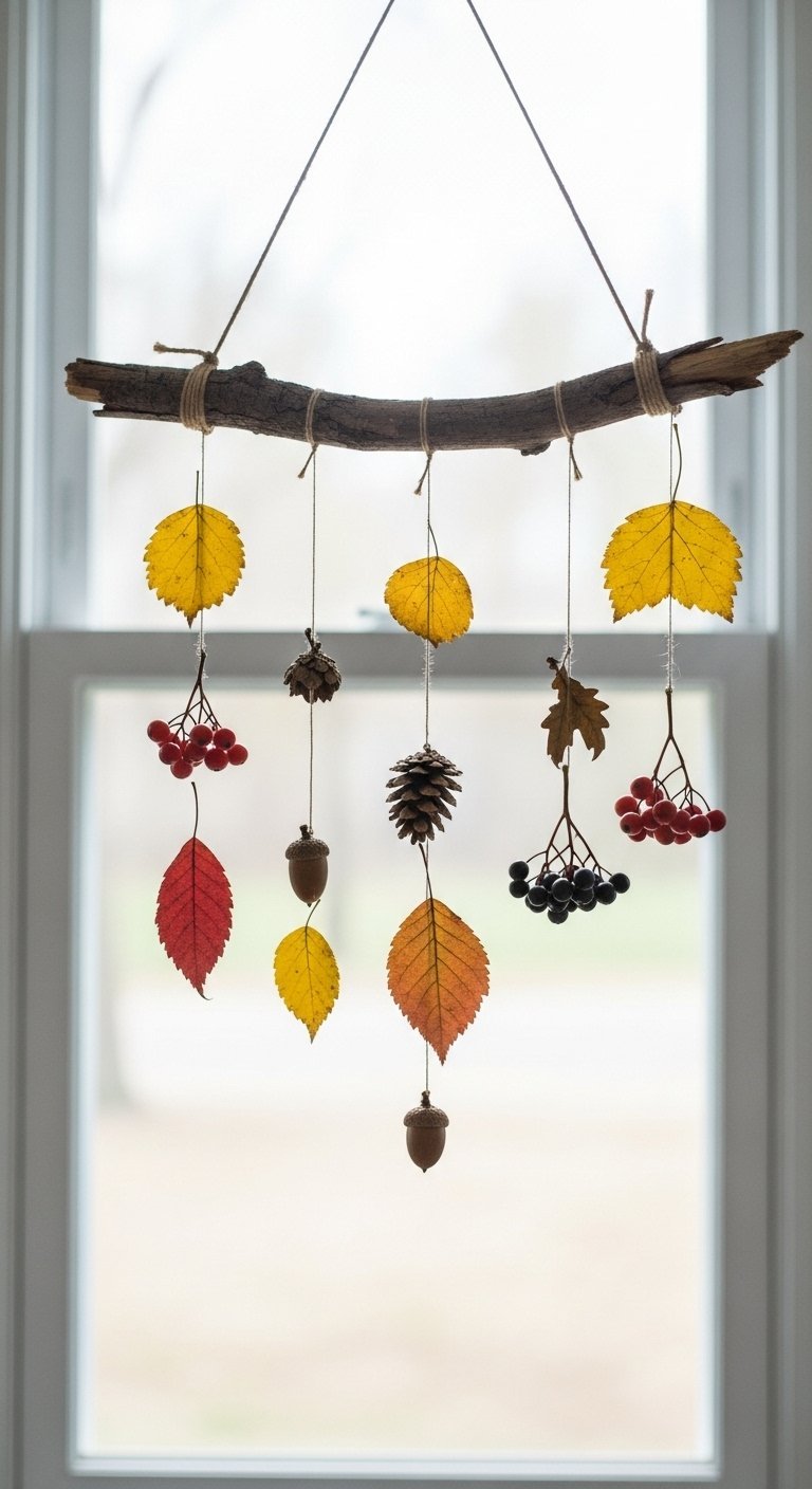 Mobile suspendu fait d une branche et d éléments naturels d automne