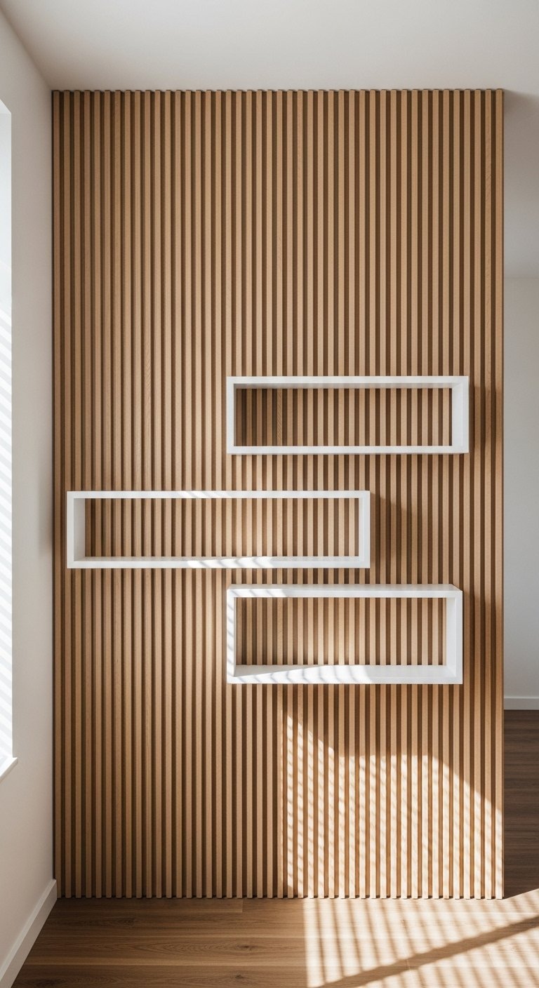 Mur de tasseaux en bois avec trois étagères flottantes blanches