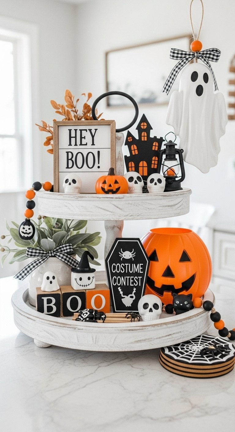 Plateau a etages blanc avec des decorations d Halloween variees