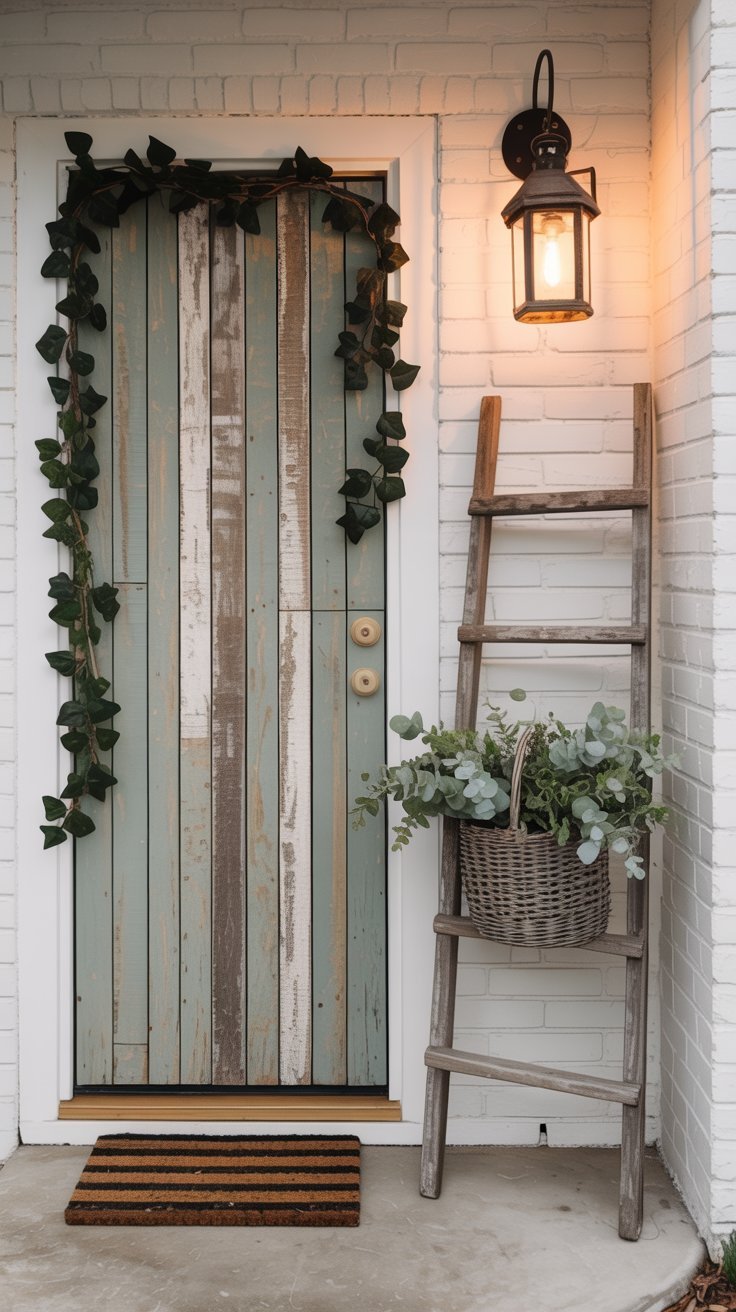 Porte d entrée rustique vert sauge avec échelle décorative