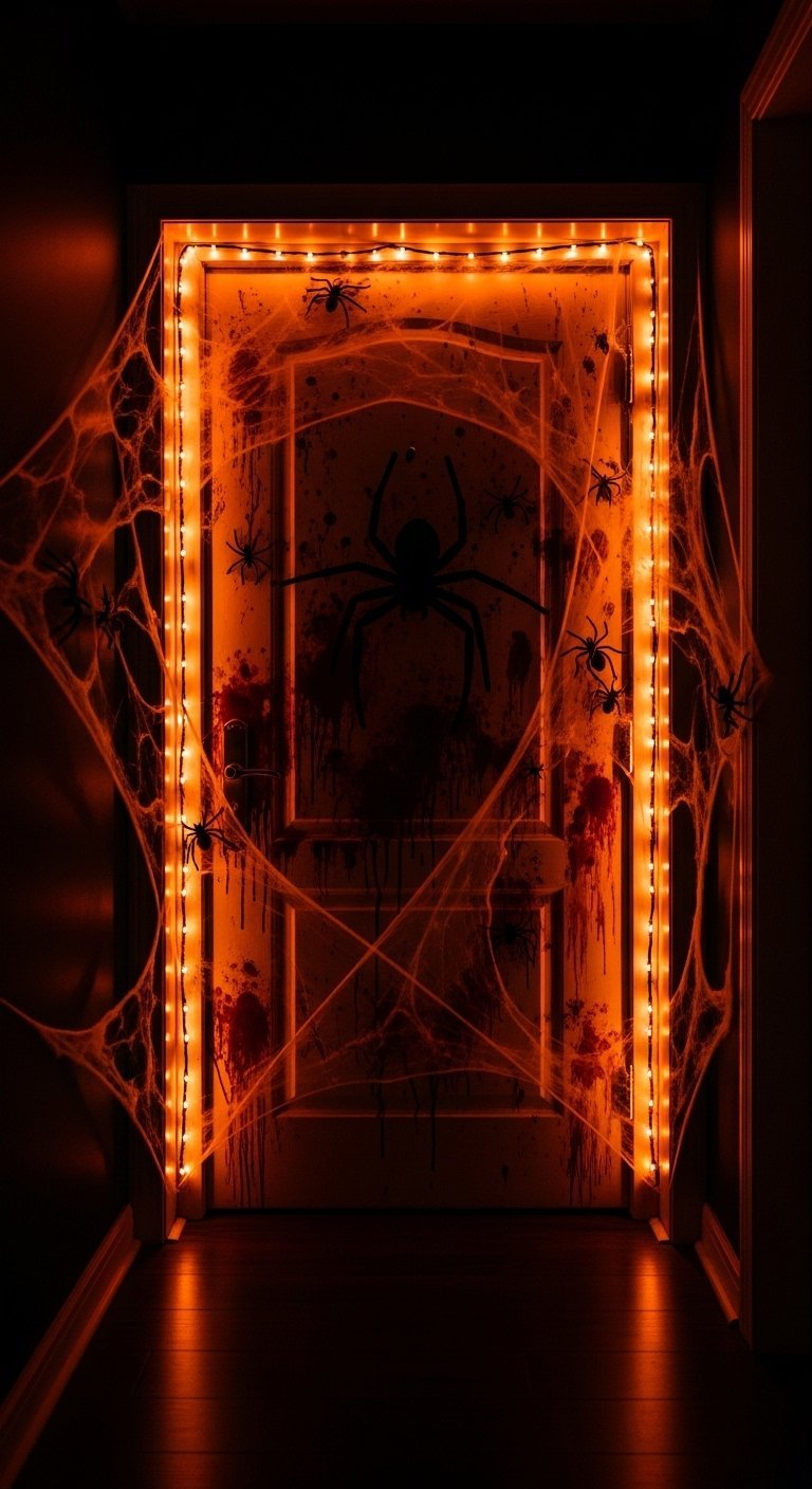 Porte d intérieur décorée de toile daraignée et de traces de sang avec lumière orange
