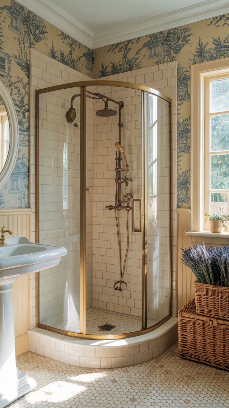 Salle de bain style classique avec papier peint Toile de Jouy et douche en laiton