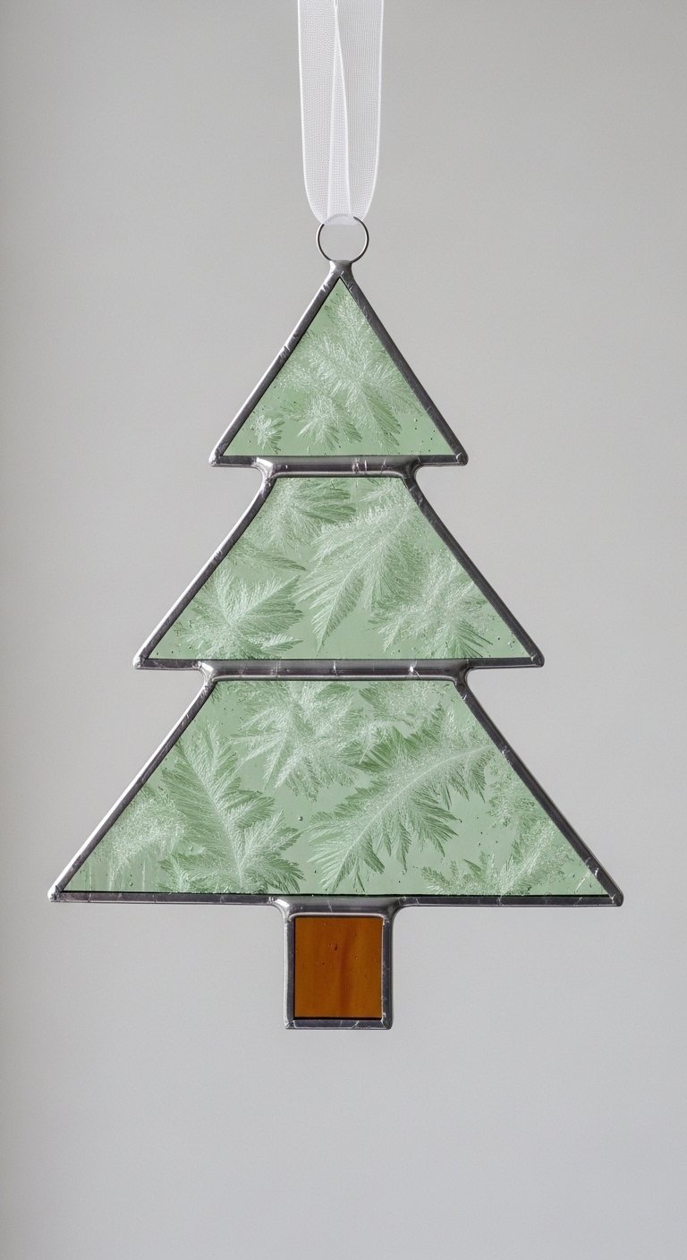 Sapin de Noël en vitrail vert pâle avec un motif de givre sur le verre