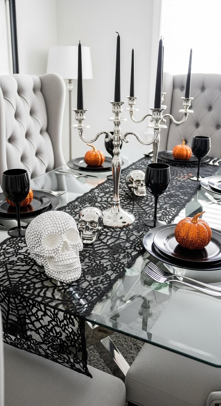 Table en verre avec crane en strass et chandelier argente