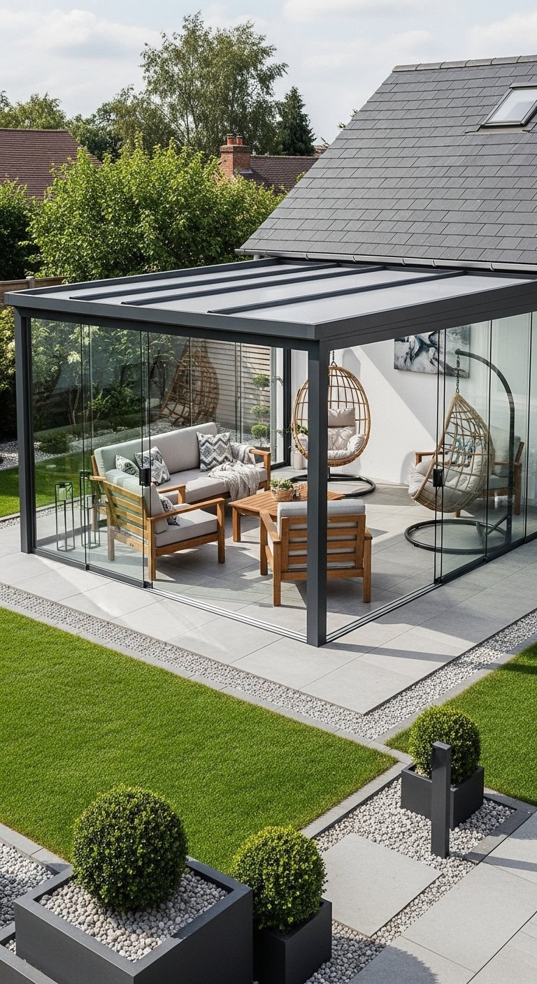 Véranda vitrée avec un salon de jardin en bois et des fauteuils suspendus