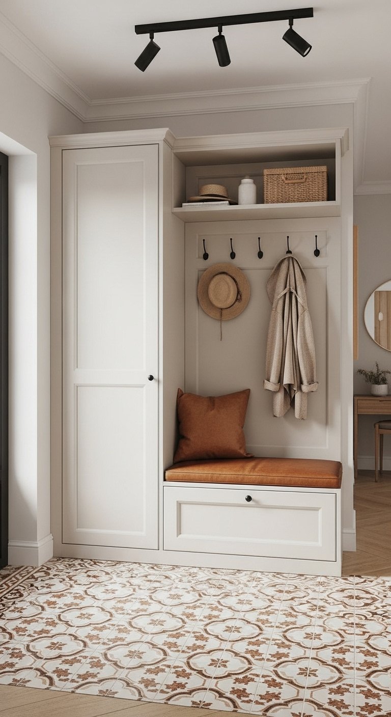 Vestiaire d entree blanc avec banquette en cuir et carreaux de ciment