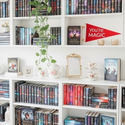 Bibliotheques blanches decorees avec des livres et une plante grimpante
