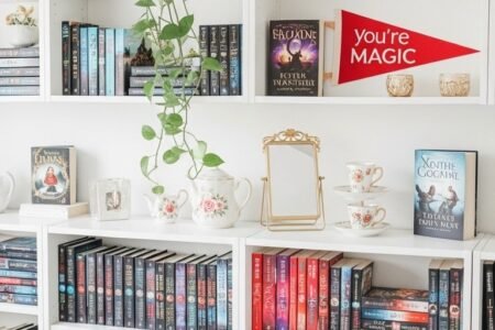 Bibliotheques blanches decorees avec des livres et une plante grimpante
