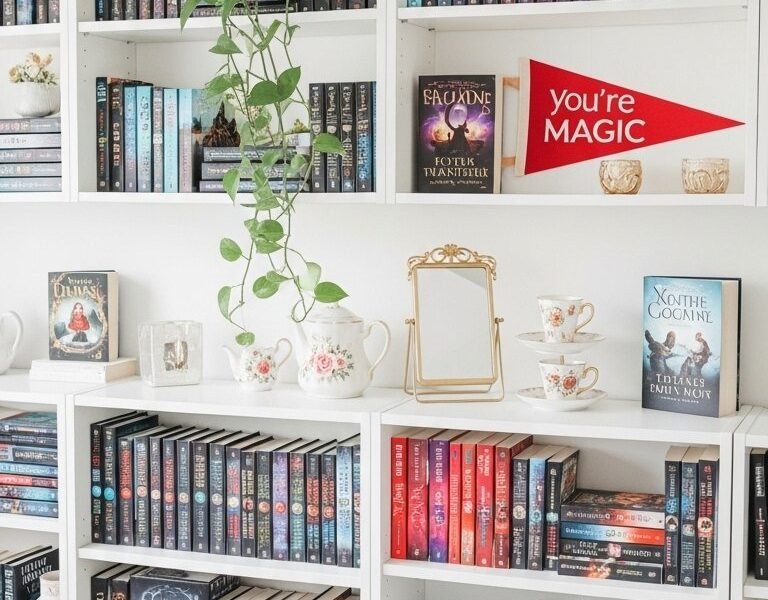 Bibliotheques blanches decorees avec des livres et une plante grimpante