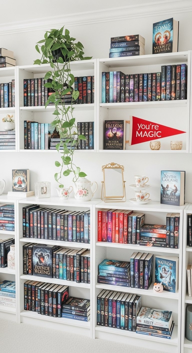 Bibliotheques blanches decorees avec des livres et une plante grimpante