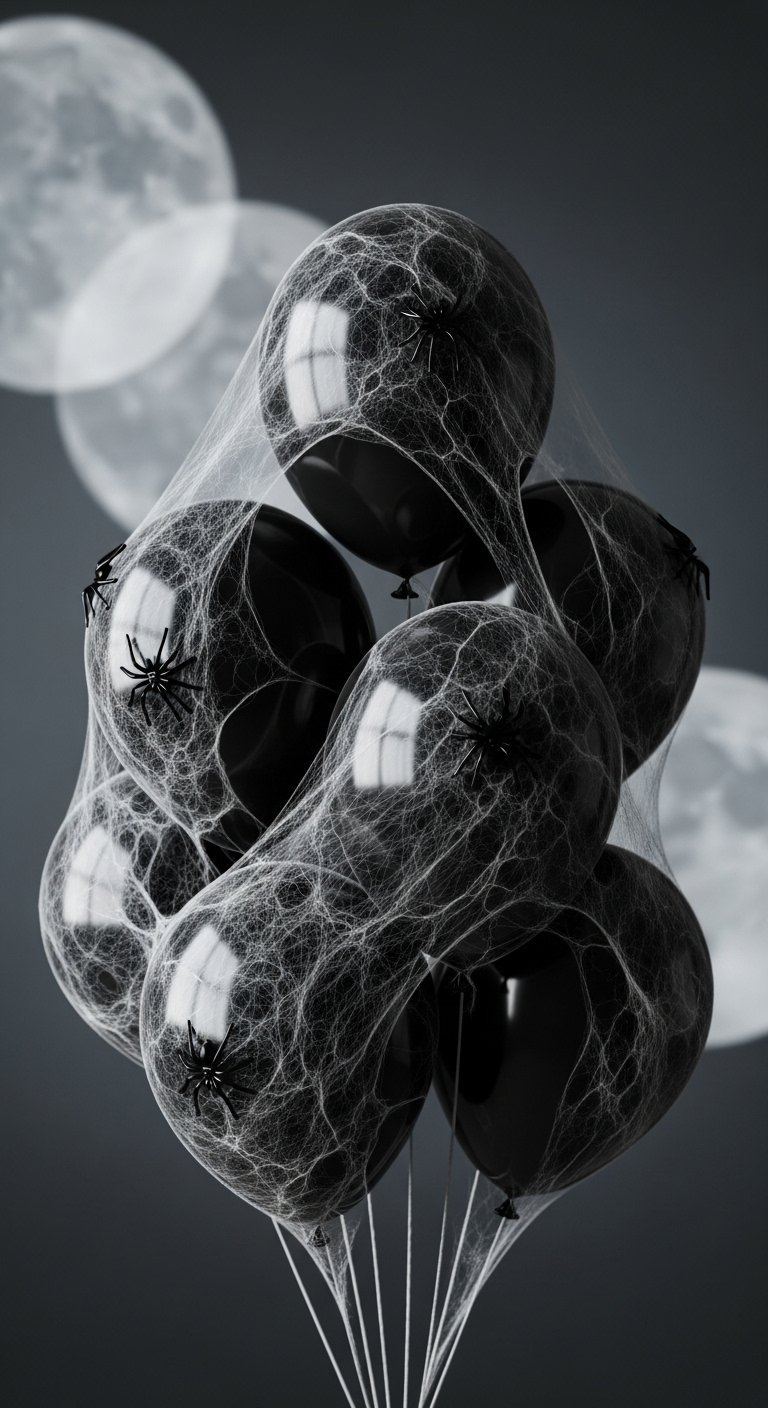 Bouquet de ballons noirs recouverts de toile daraignée et de petites araignées