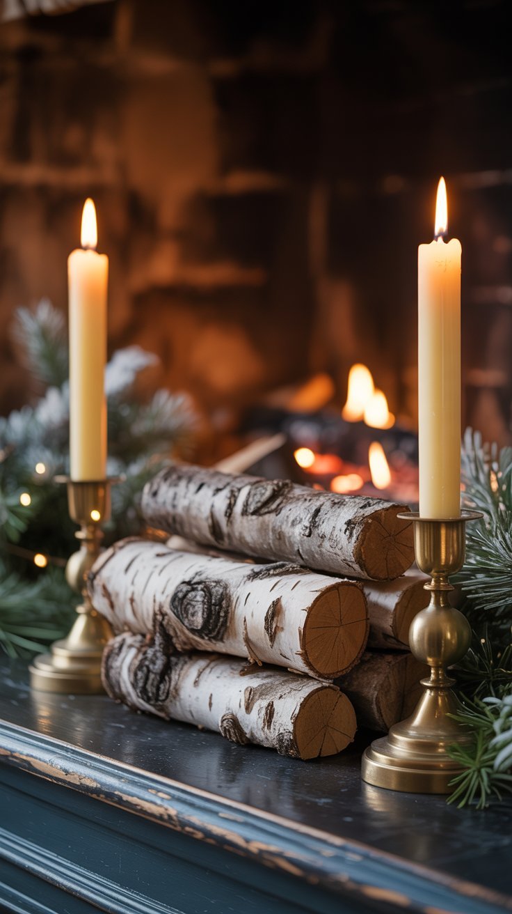 Bûches de bouleau décoratives devant une cheminée avec des chandeliers en laiton