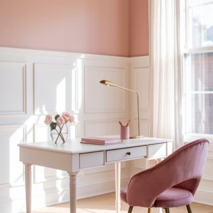 Bureau blanc avec chaise en velours rose dans une pièce aux murs roses