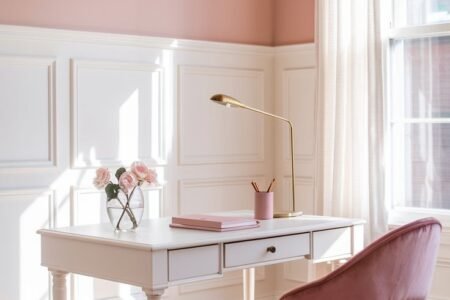 Bureau blanc avec chaise en velours rose dans une pièce aux murs roses