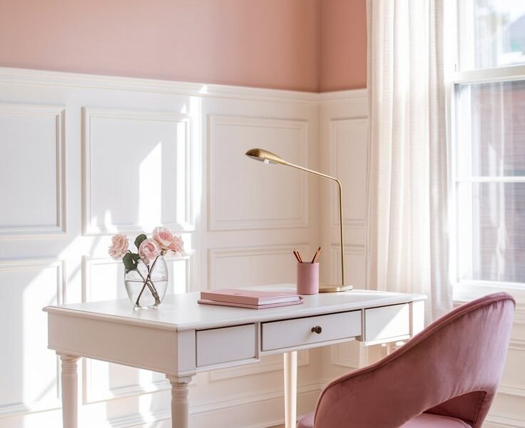Bureau blanc avec chaise en velours rose dans une pièce aux murs roses