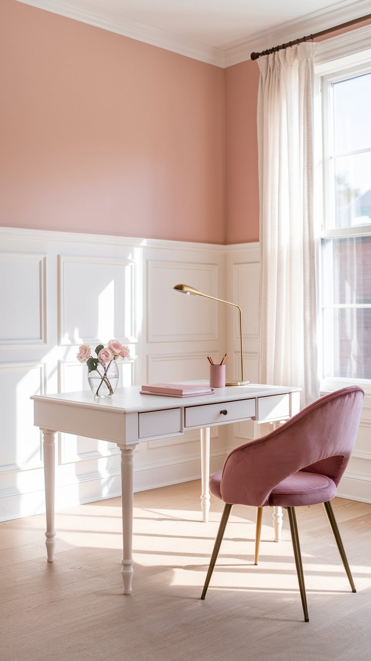 Bureau blanc avec chaise en velours rose dans une pièce aux murs roses