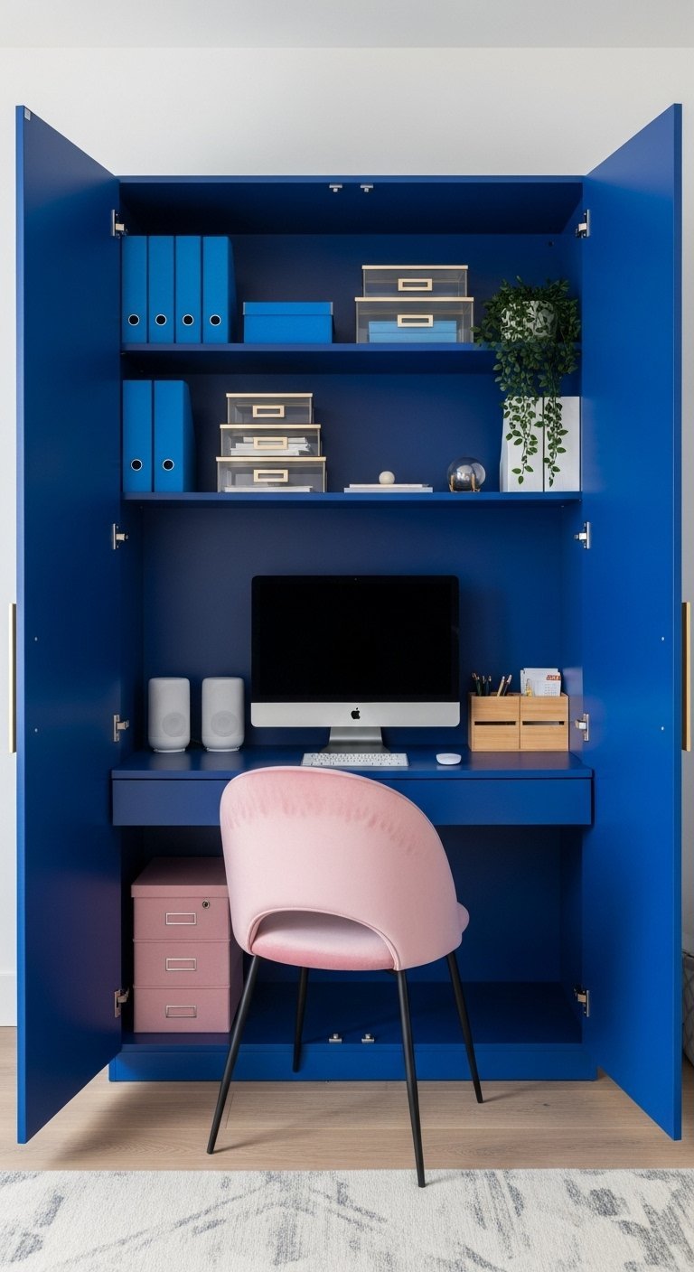 Bureau caché dans une armoire bleu électrique avec une chaise rose