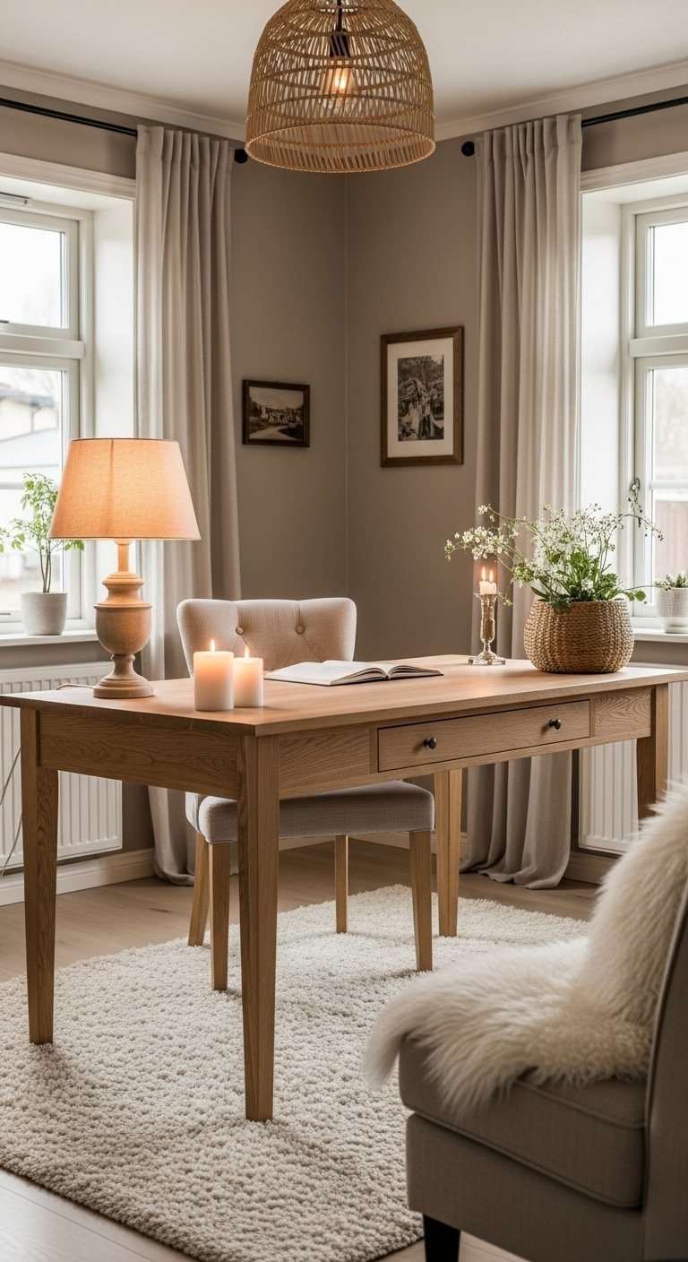 Bureau en bois dans un coin avec lampe et bougies