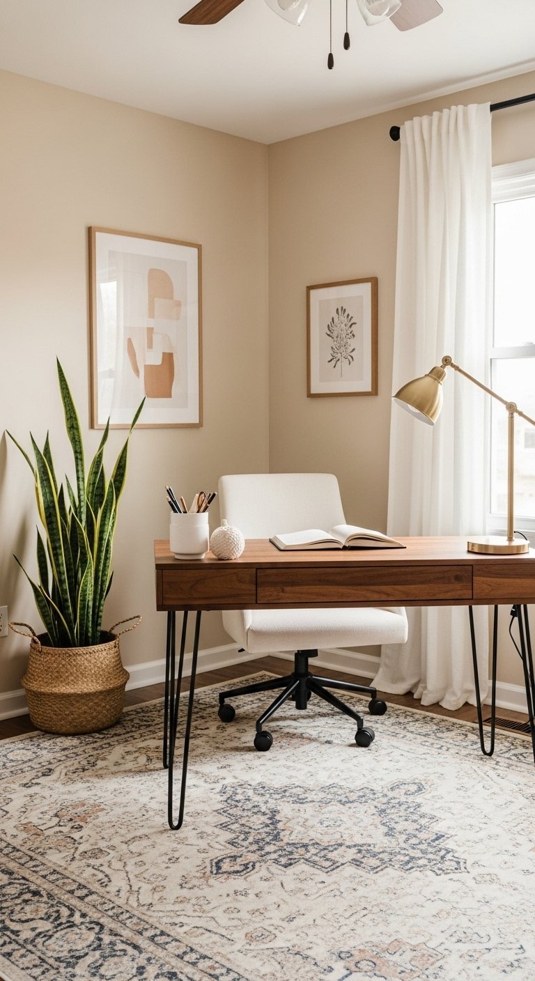Bureau simple avec pieds épingles et miroir soleil doré dans un coin bohème