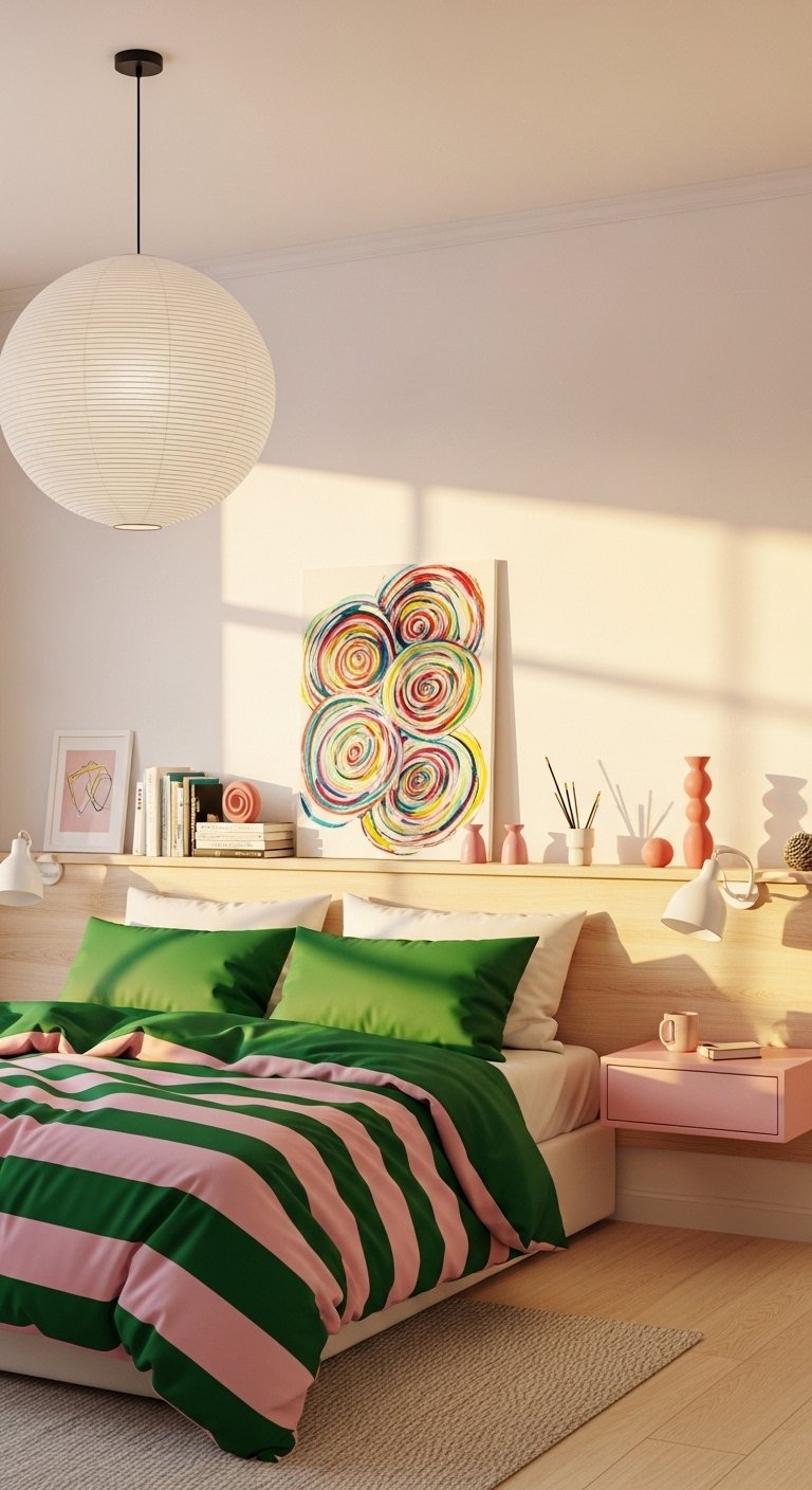 Chambre colorée avec parure de lit rayée verte et rose