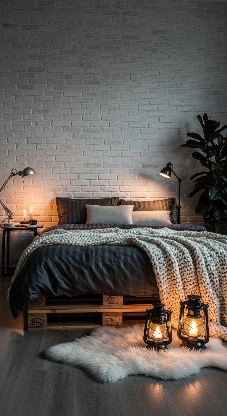 Chambre de style industriel avec lit en palette et mur de briques blanches