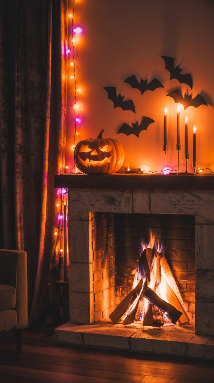 Cheminee en brique avec une citrouille illuminee et des chauves souris en papier