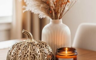 Citrouille décorative dorée à côté d une bougie et de fleurs séchées