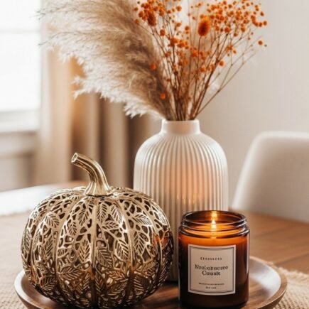 Citrouille décorative dorée à côté d une bougie et de fleurs séchées