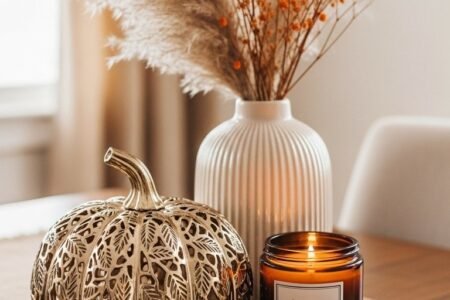 Citrouille décorative dorée à côté d une bougie et de fleurs séchées