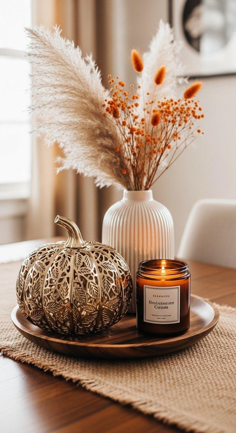 Citrouille décorative dorée à côté d une bougie et de fleurs séchées