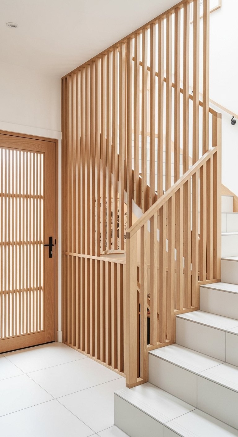 Claustra en bois clair coordonné à la porte et au garde corps d escalier