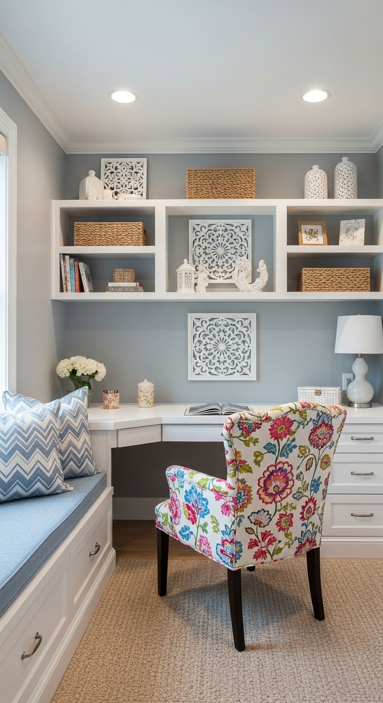 Coin bureau lumineux à côté d une banquette avec une chaise à motifs floraux