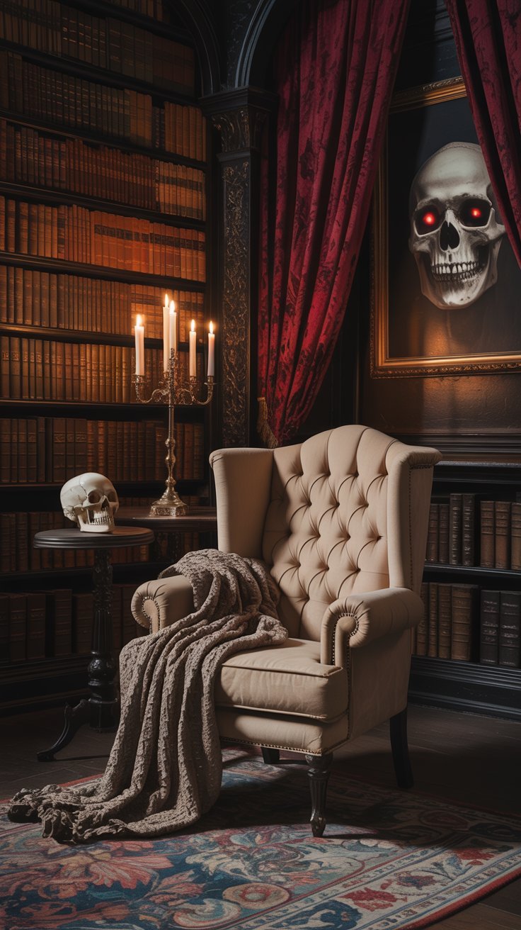 Coin lecture gothique avec un fauteuil beige et un tableau de crâne aux yeux rouges