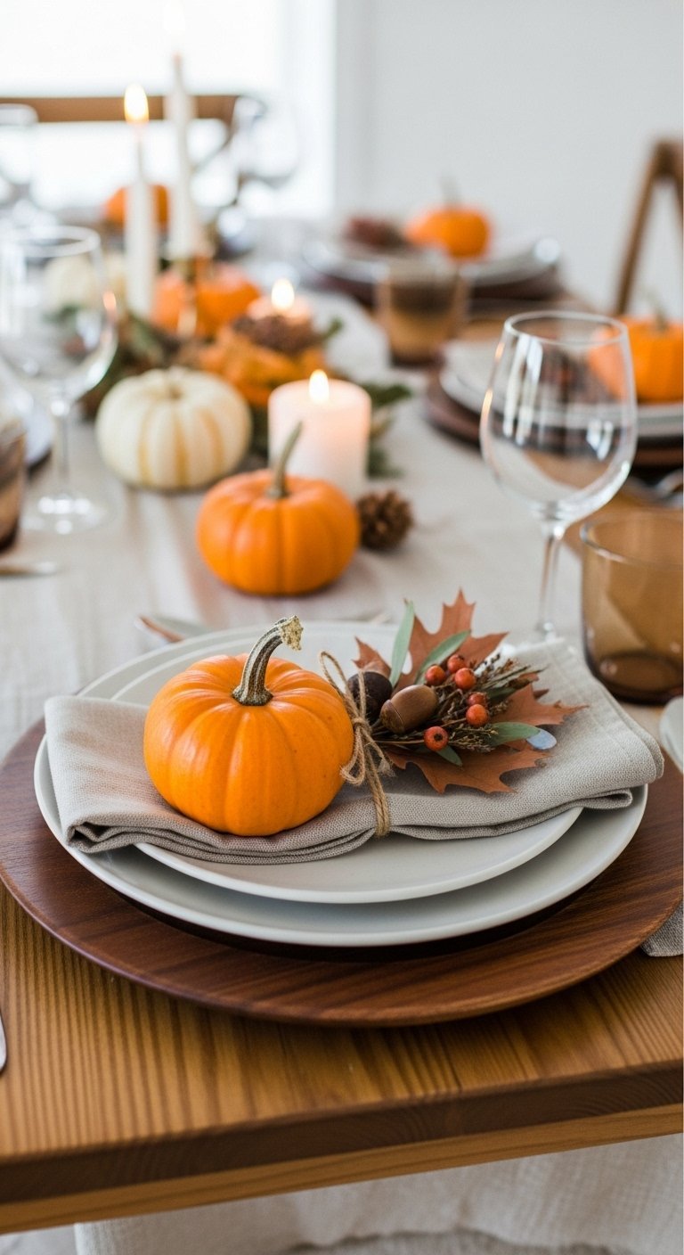 Décoration d assiette avec une mini citrouille orange sur une serviette en lin