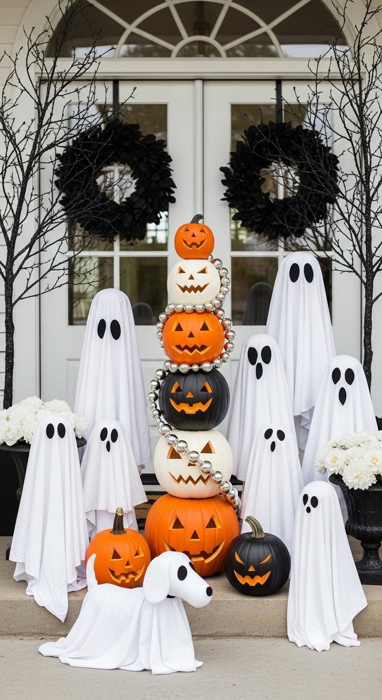Décoration d halloween chic en noir et blanc avec totem de citrouilles et fantômes