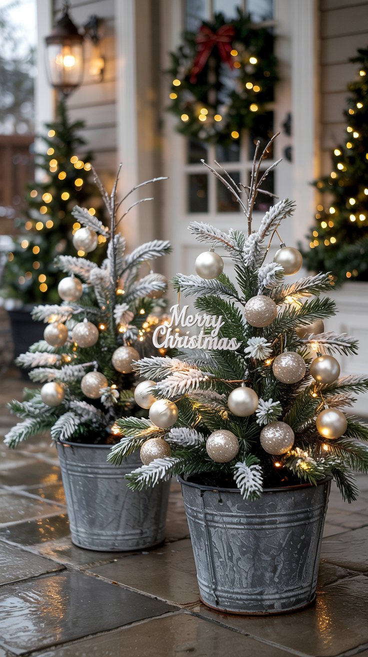 Deux mini sapins dans des pots en zinc avec des boules champagne