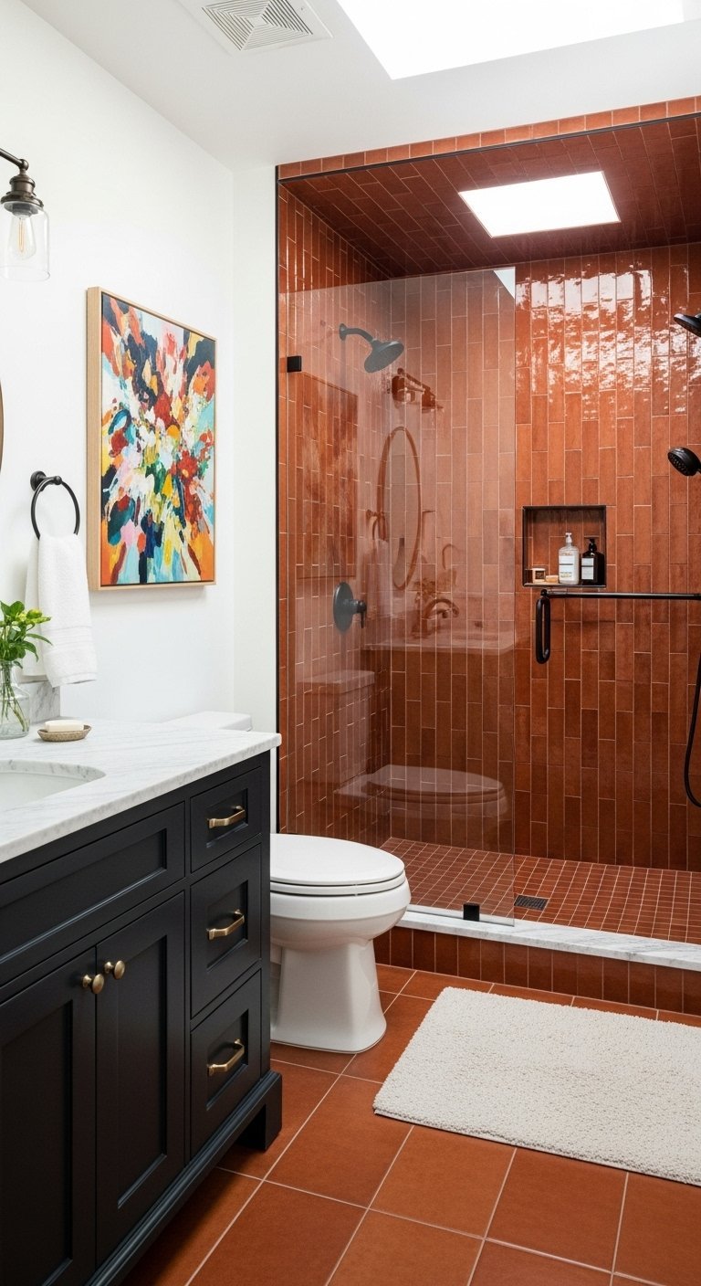 Douche en carrelage terracotta brillant avec meuble vasque noir