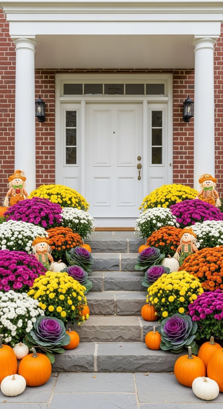 Entree de maison decoree avec des chrysanthemes colores et des epouvantails